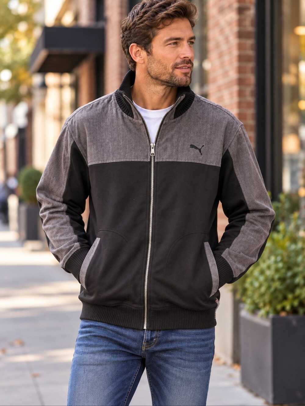 PUMA Vintage Colorblock Herringbone Track Jacket Black Gray Full Zip Men's XL